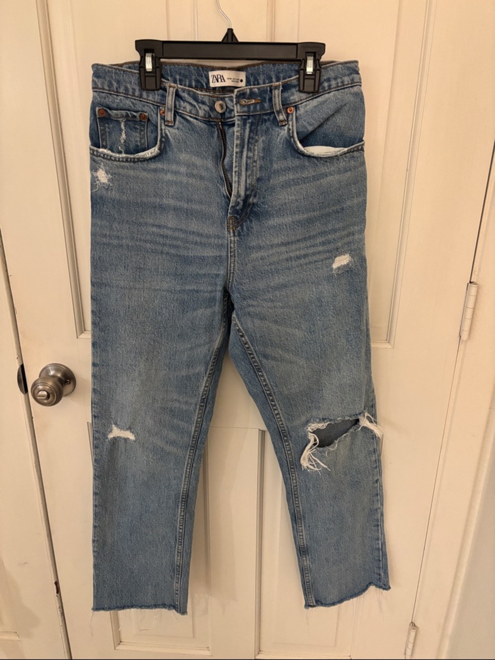 Zara Medium Blue Distressed Straight Jeans